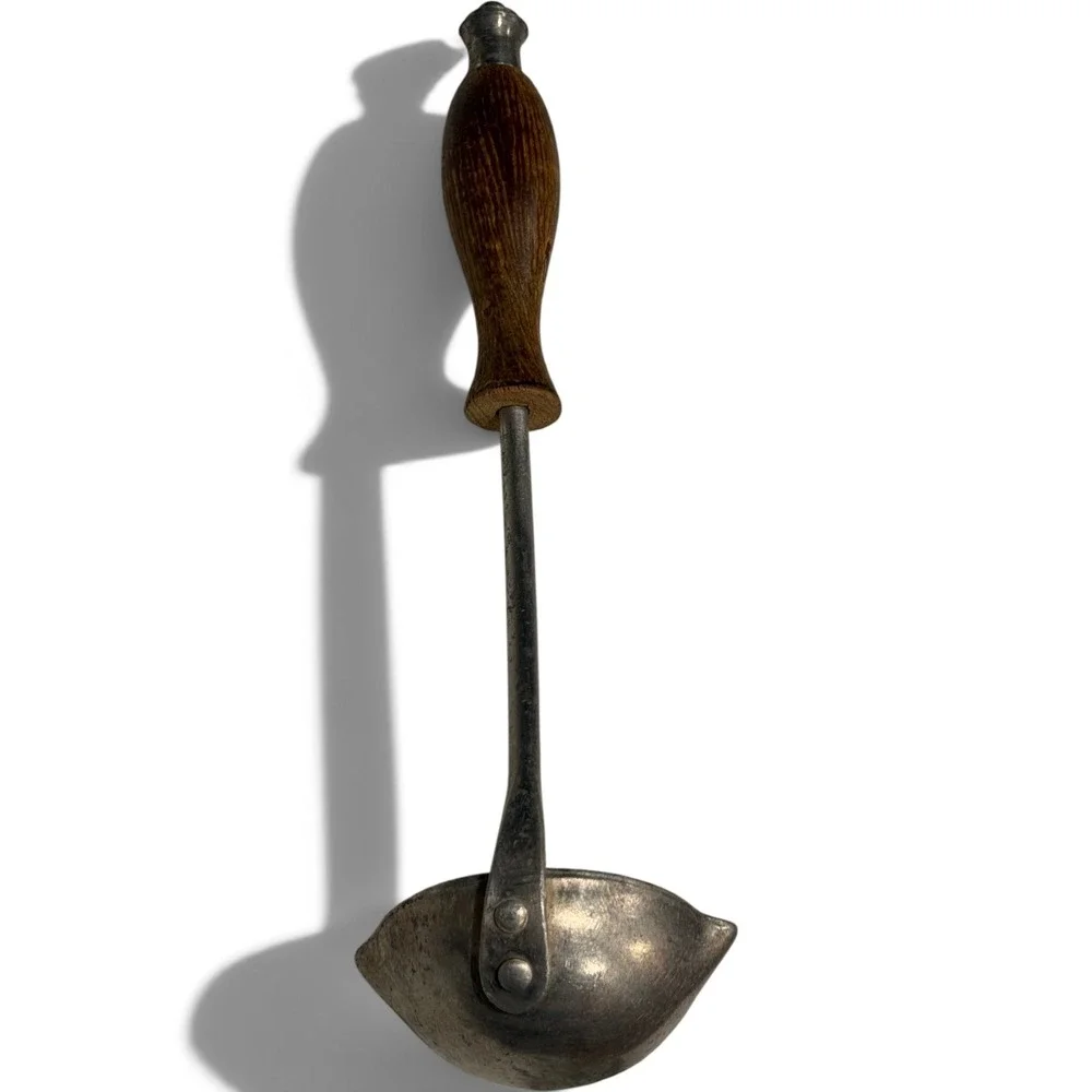 Antique Ladle Double Spout Riveted Bowl Turned Wood Handle Primitive Farmhouse